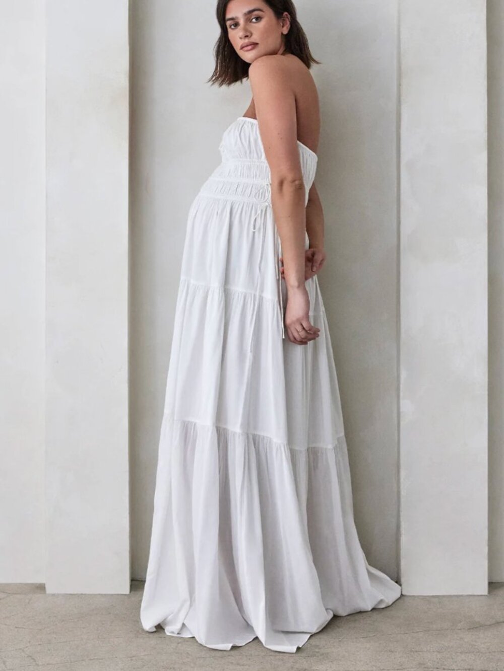 Bumpsuit Shirred Strapless Gown Size XL White Poplin